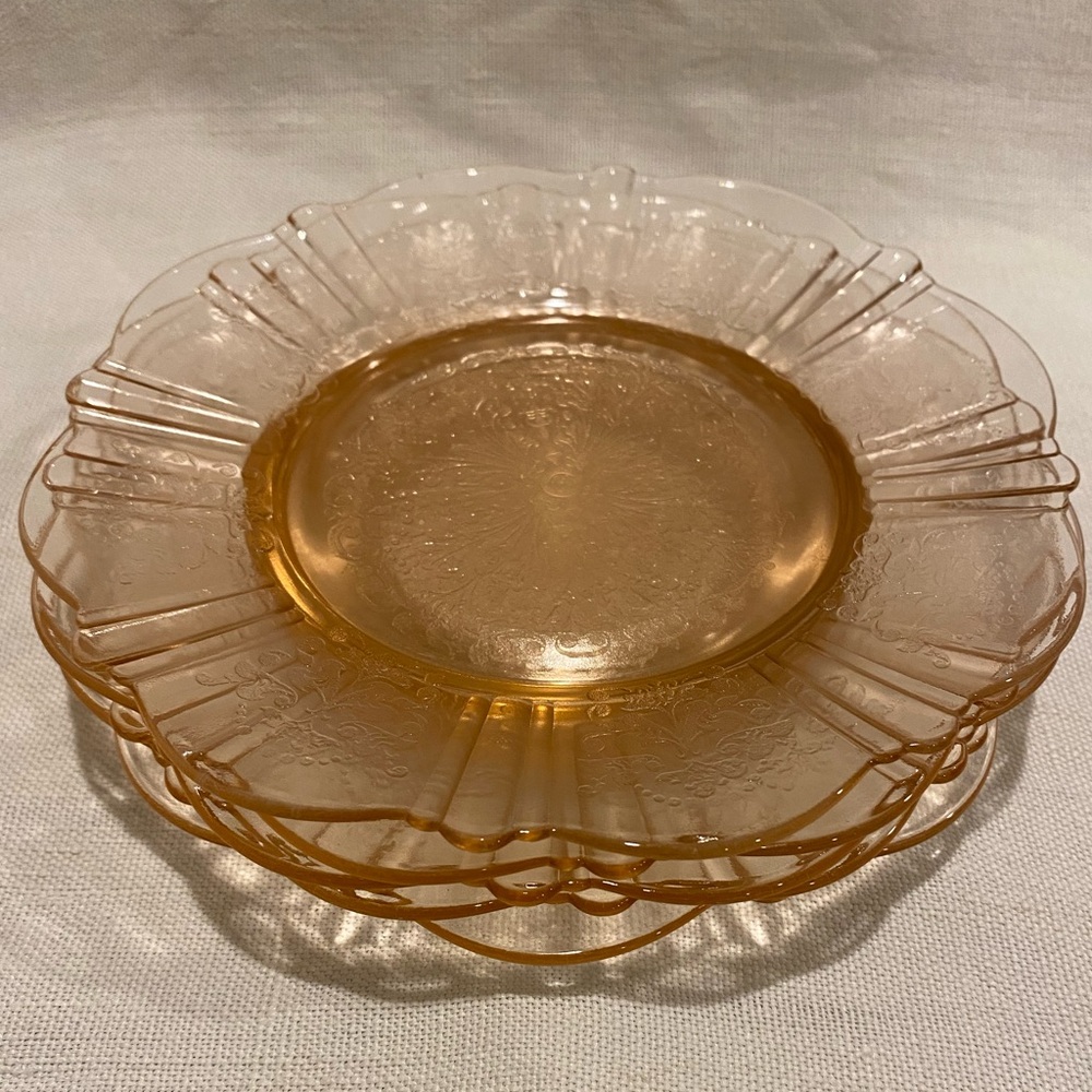 Vintage 5 glass plate set -American Sweetheart Pink Depression Glass summertable